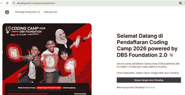 Tampilan Halaman Pendaftaran Pelatihan Coding Camp DBS Foundation