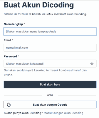 tampilan membuat akun dicoding